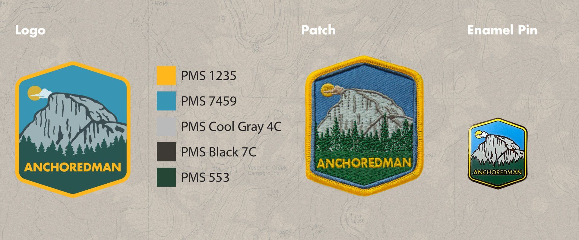 A picture of a logo , patch , and enamel pin.