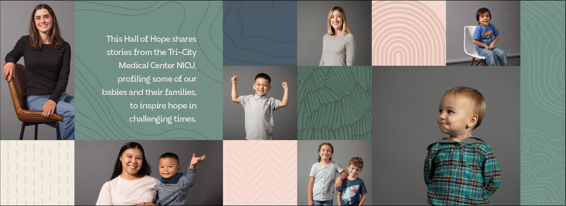 Mosaic of photos of people; a woman, children with arms raised, a boy sitting in a chair, a toddler.