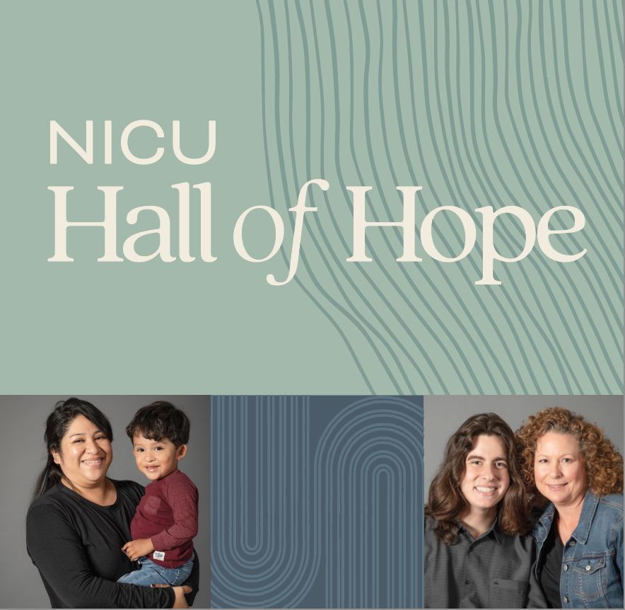 NICU Hall of Hope logo with parents and children, teal background, blue curved lines.