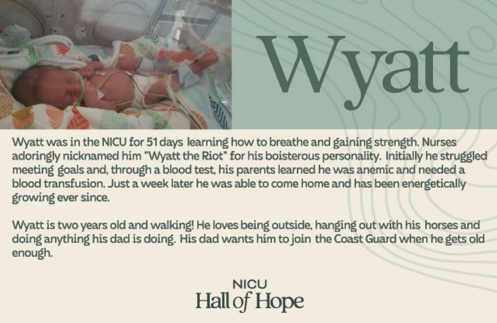 Newborn Wyatt in NICU, text describes his health journey and love for horses; two-year-old.