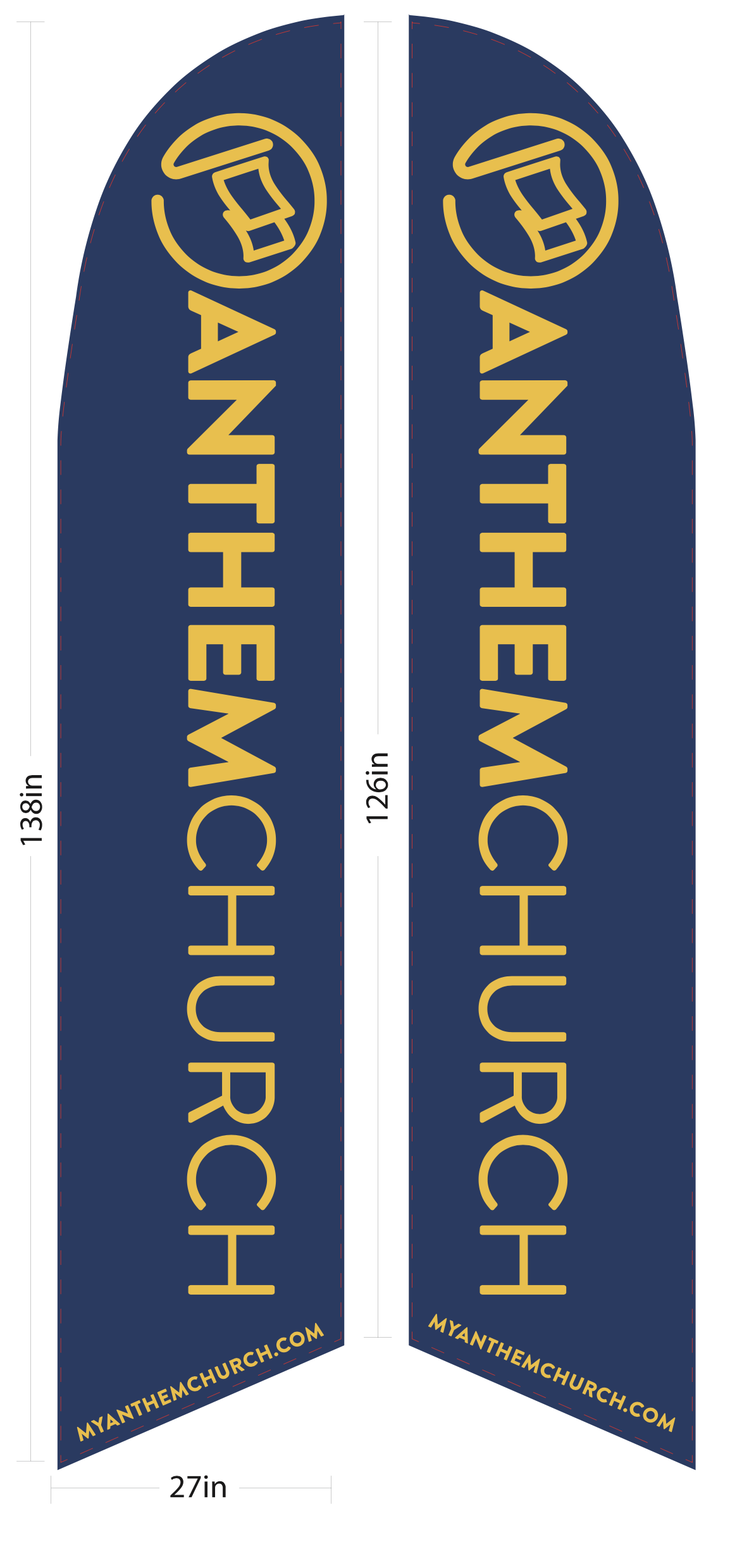 Two blue flags with the words anthem church on them
