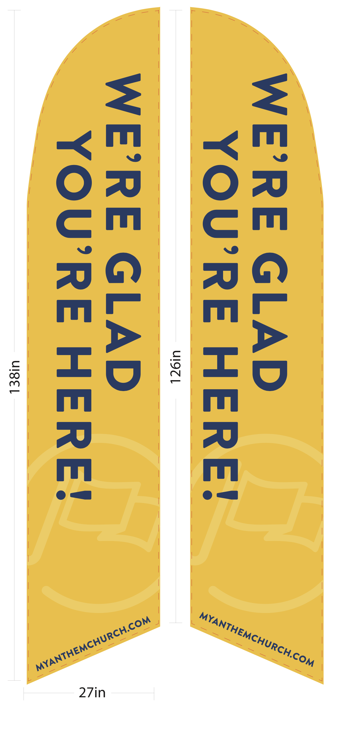 A pair of yellow flags that say `` we 're glad you 're here ''.