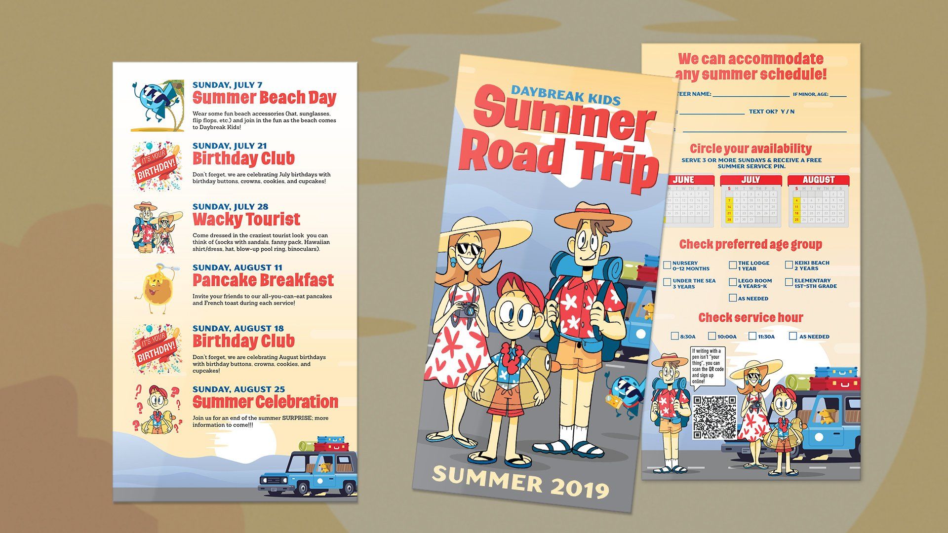 A poster for a summer road trip with a cartoon of a family standing next to a truck.