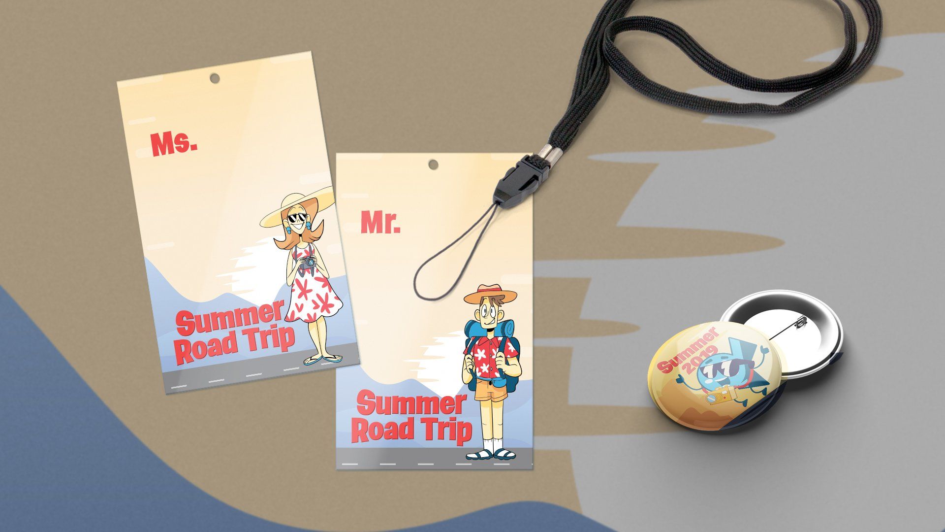 A lanyard with two badges and a button that says summer road trip