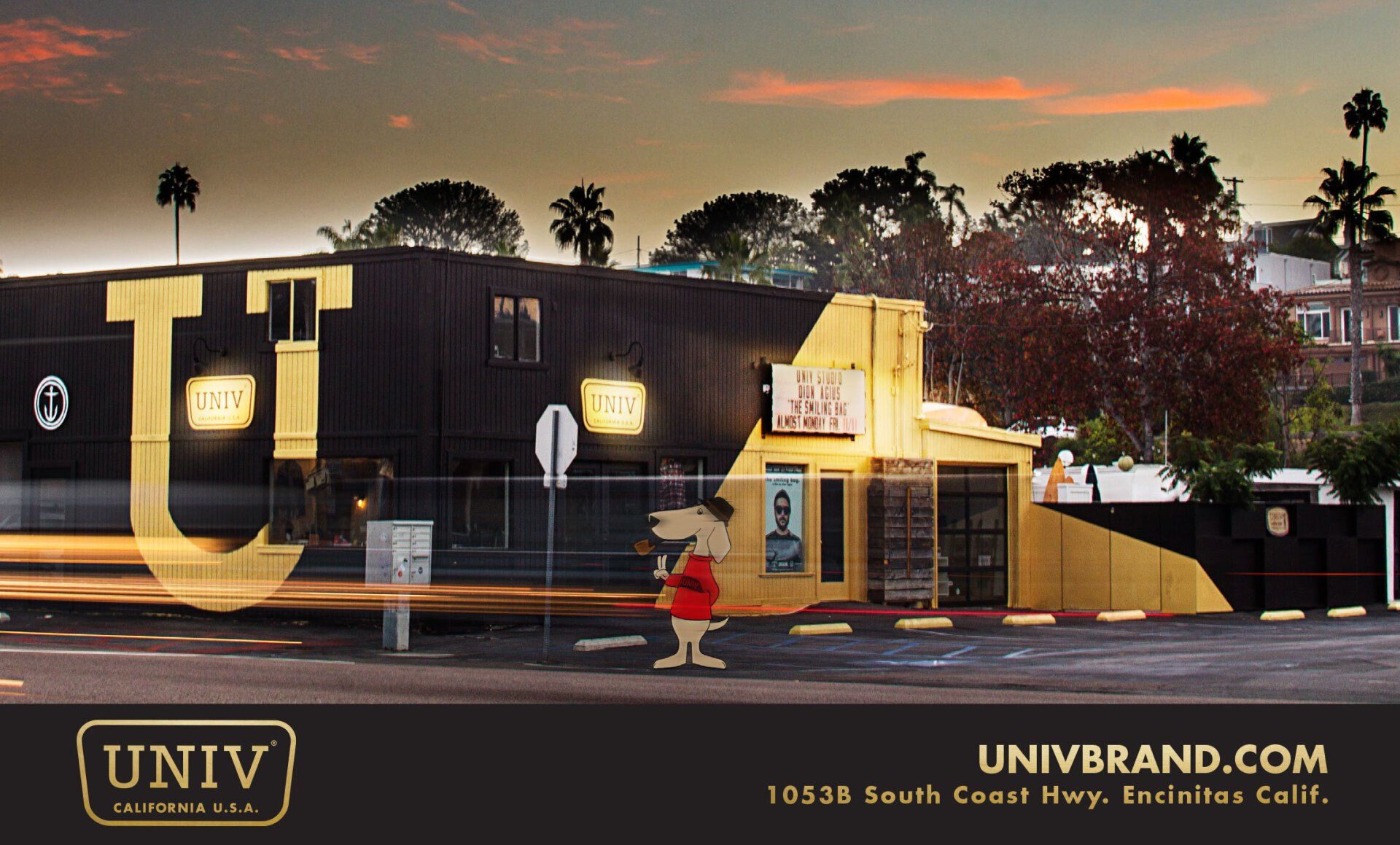An advertisement for univ brand shows a yellow building