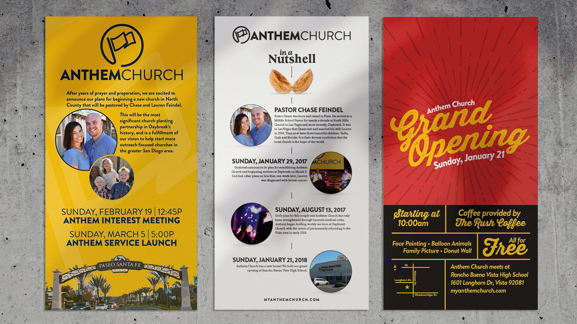 Three flyers for anthem church are on a concrete surface