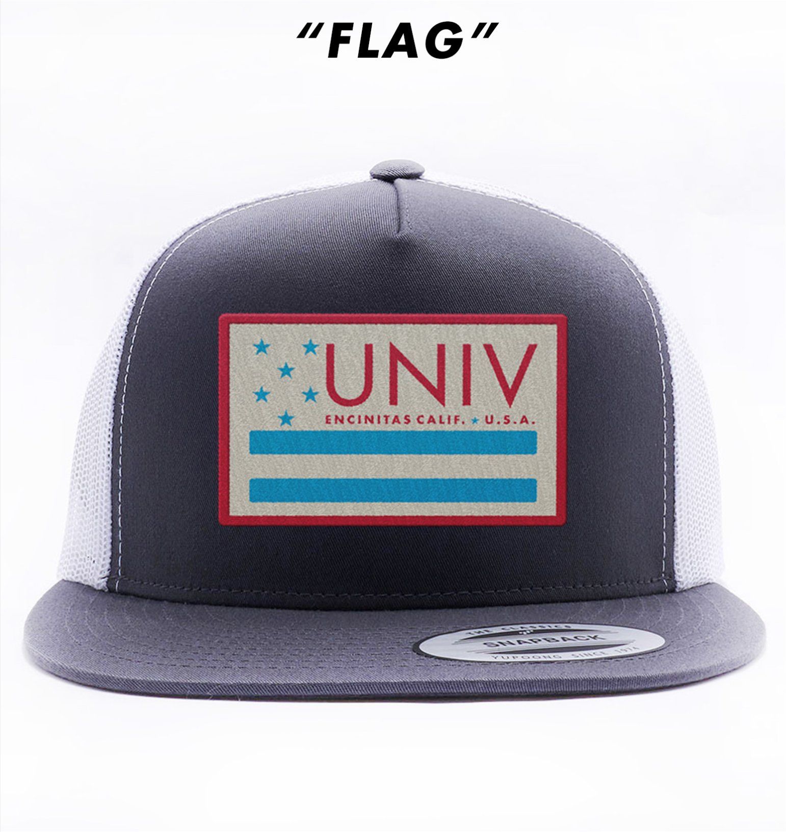 A gray and white hat with the word univ on it