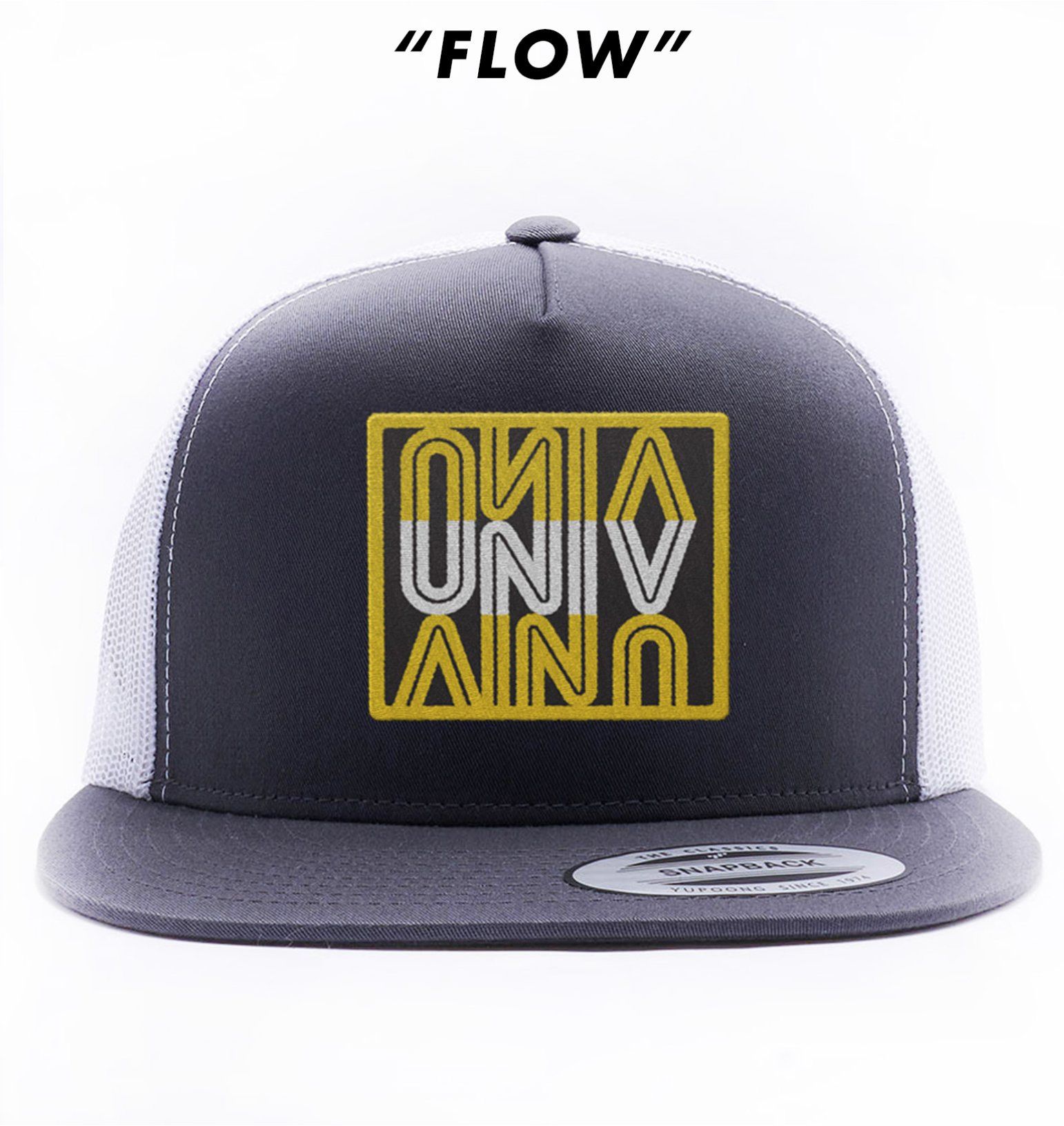 A hat with the word flow on it
