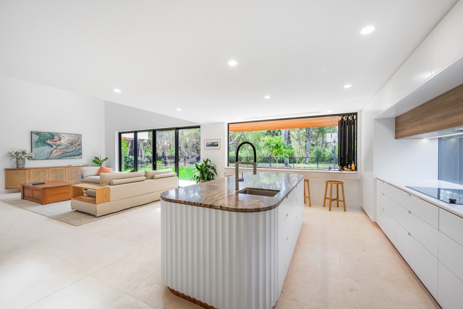 Modern Kitchen with Island, Open to Living Room and Backyard View — Concept Kitchens In Port Macquarie, NSW