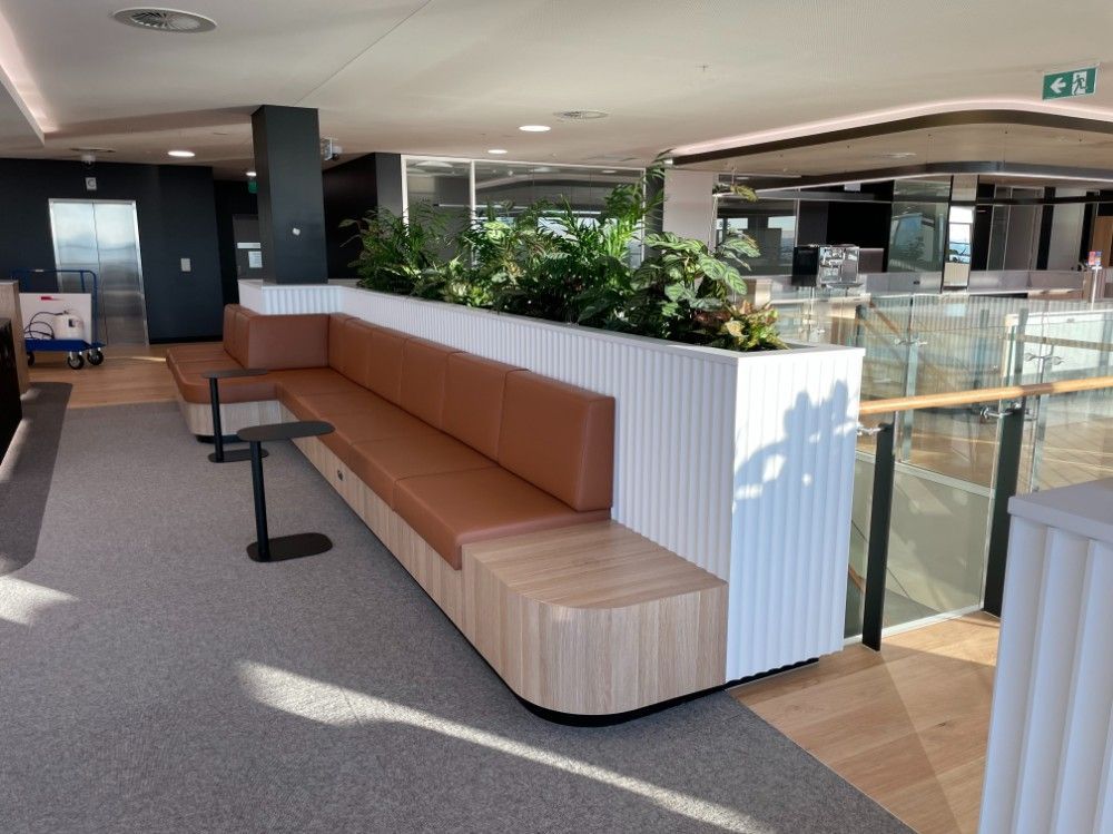 A Long Brown Couch and Large Countertops — Concept Kitchens In Port Macquarie, NSW