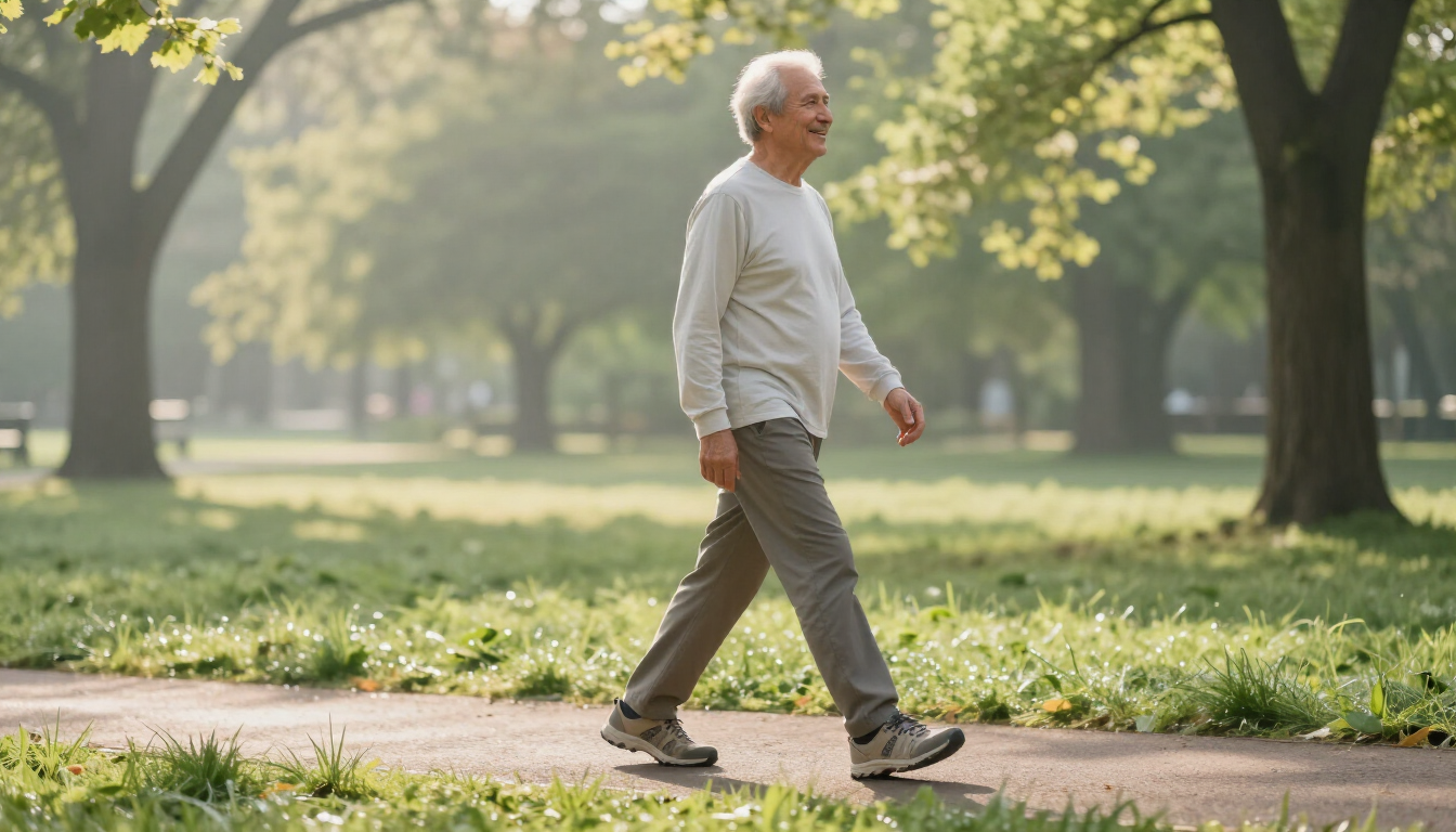 A senior person walking comfortably in Kansas City.