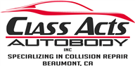 Logo for Class Acts Autobody: "Class Acts Autobody INC" in black, "Specializing in Collision Repair, Beaumont, CA" below.
