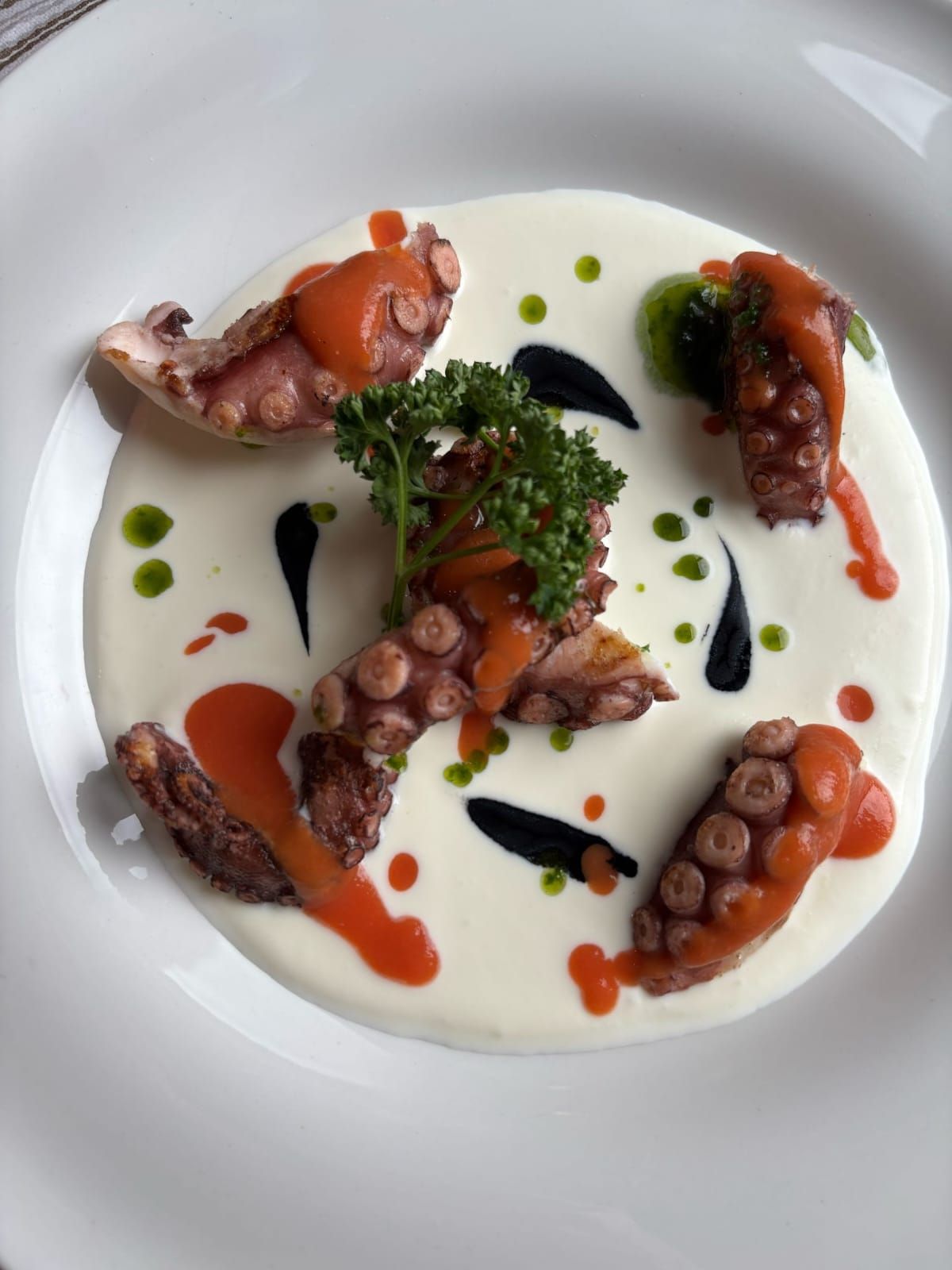 Tentacoli di polpo grigliati su salsa bianca con guarnizione di prezzemolo e salse rossa e verde.
