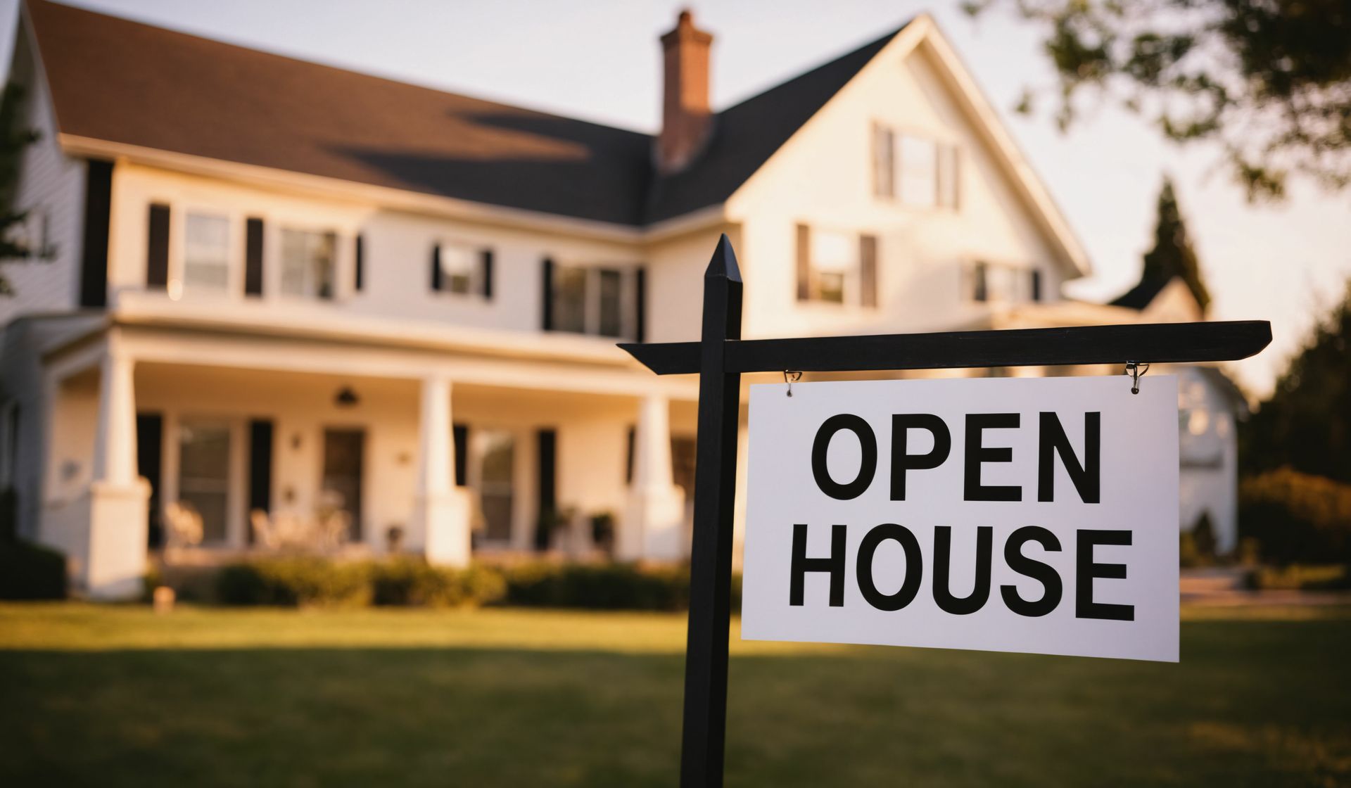 An open house sign is in front of a large white house.