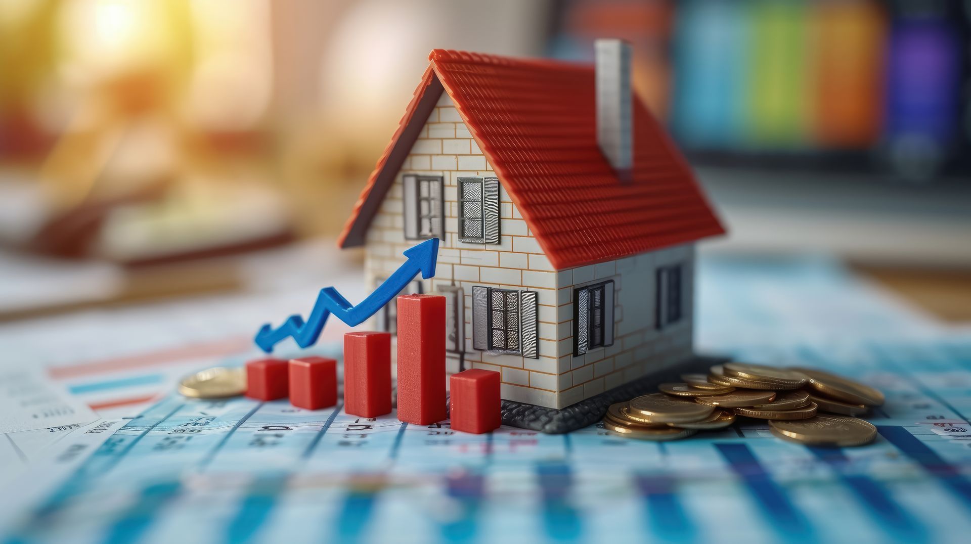 A model house is sitting on top of a table next to a pile of coins and a graph.