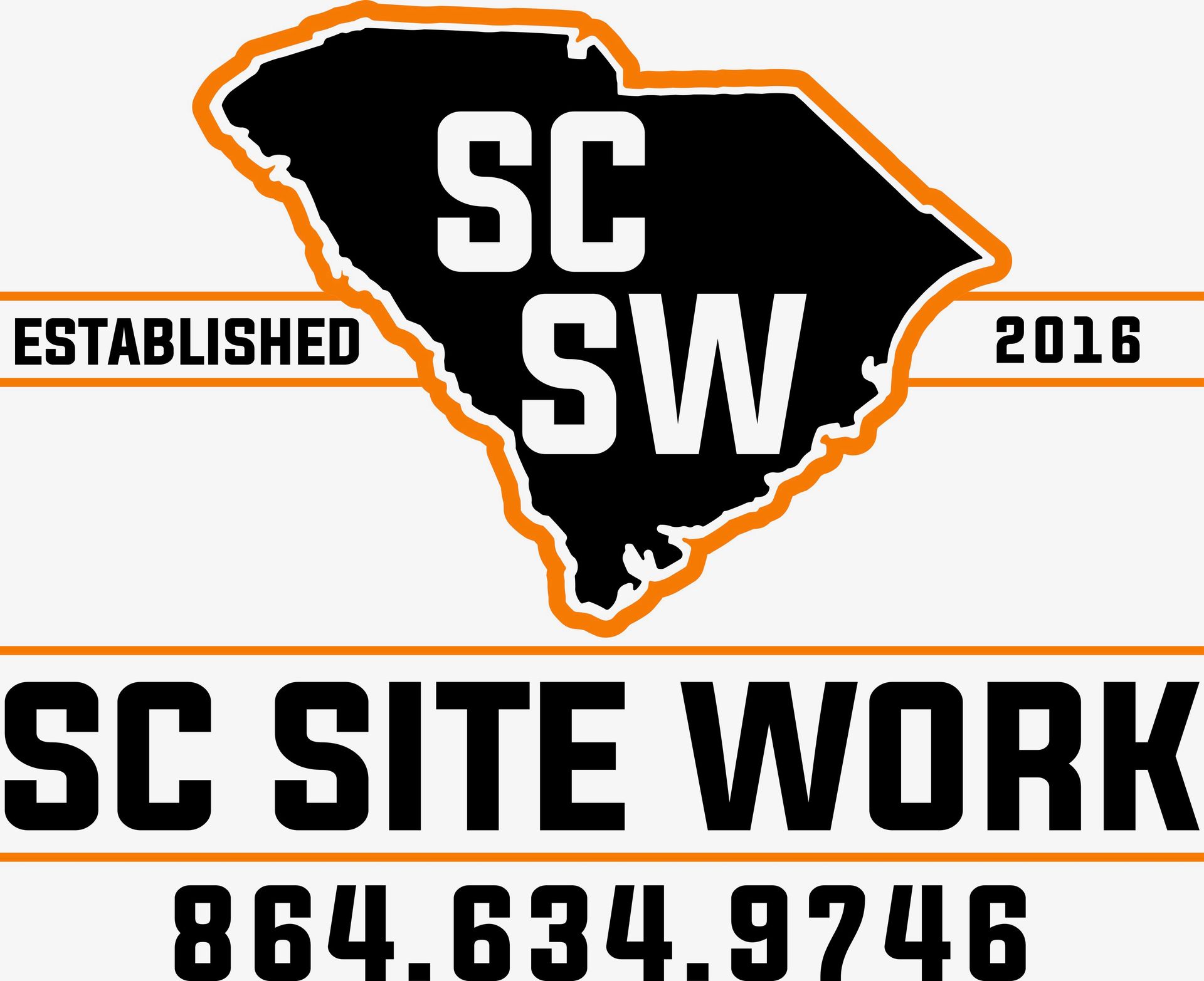 Logo for SC Site Work, featuring the outline of South Carolina, established 2016, and phone number.