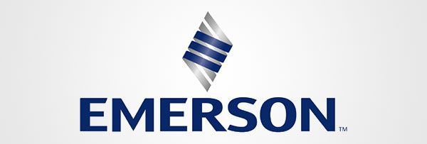 A blue and silver logo for emerson on a white background