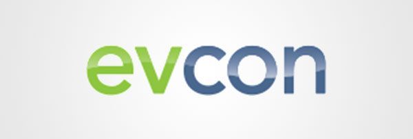A blue and green evcon logo on a white background