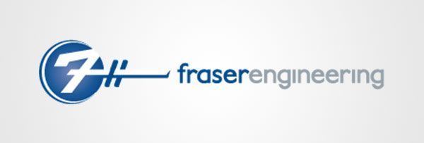 The logo for fraser engineering is blue and white
