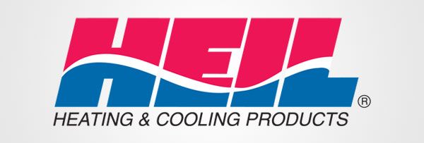 A red , blue and white logo for hel heating and cooling products