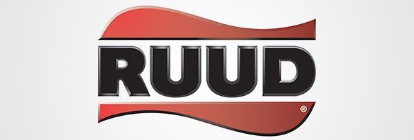 A red and black logo for ruud on a white background.