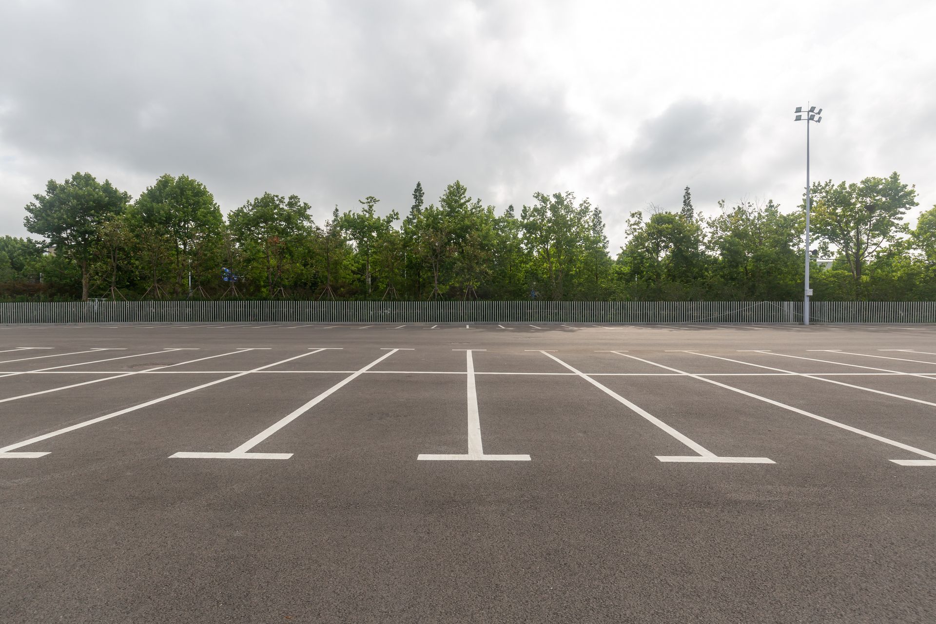 An empty parking lot with white lines on the ground and trees in the background.