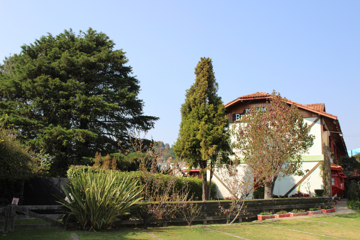 A house with a red roof is surrounded by trees and bushes
