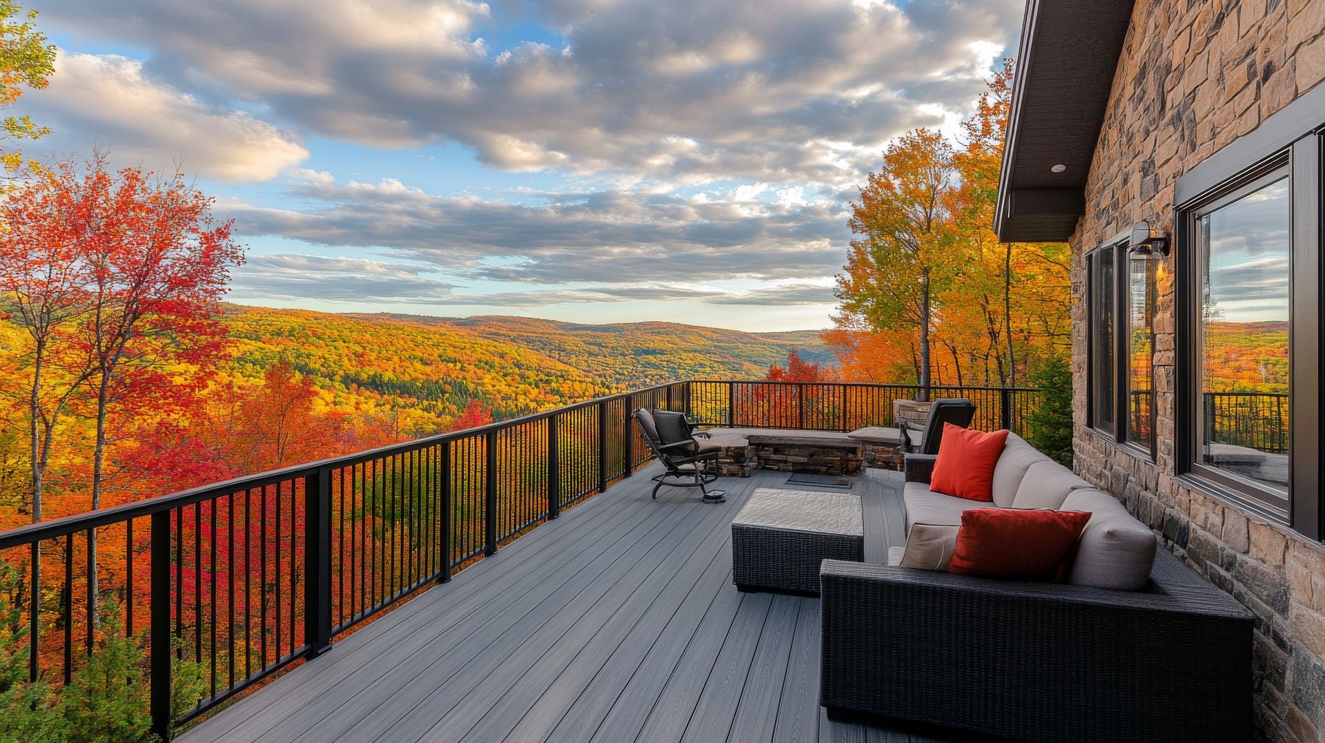 There is a large deck with a view of the mountains and trees.