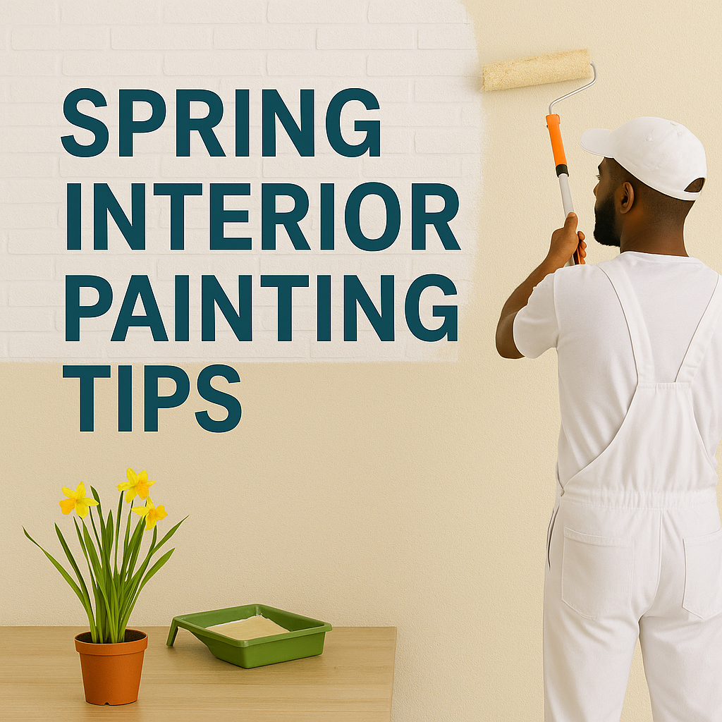 A man is painting a wall with the words spring interior painting tips above him