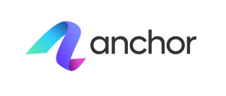 A logo for anchor with a purple and blue ribbon on a white background.