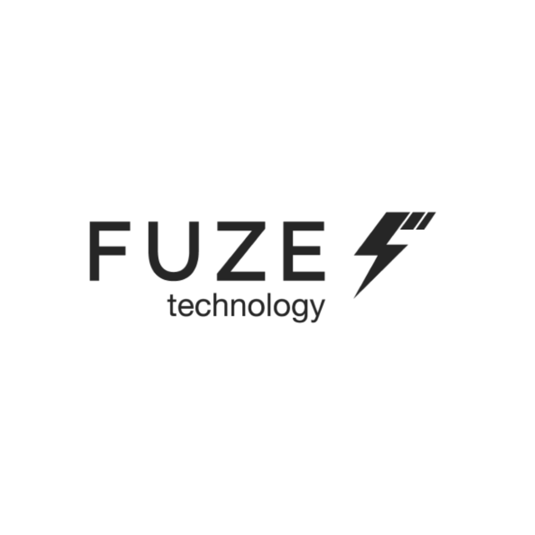 A black and white logo for fuze technology with a lightning bolt.