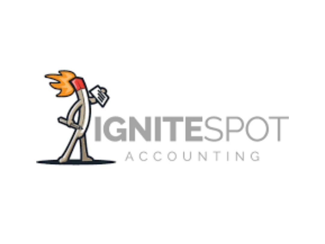 The logo for ignitespot accounting shows a man holding a pencil with a flame coming out of it.