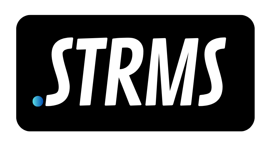 A black and white logo for strms on a white background