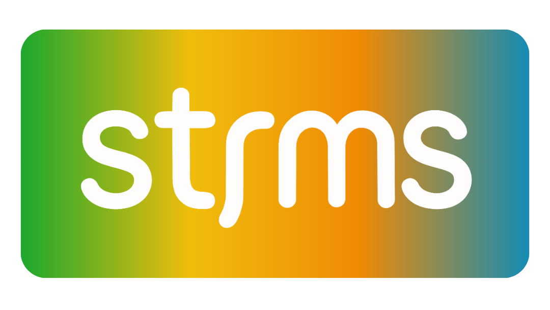 The word strms is written in white on a black background