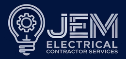 JEM Electrical Contractor Services logo with lightbulb and gear icon in blue and white