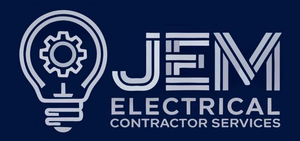 JEM Electrical Contractor Services logo with lightbulb and gear icon in blue and white