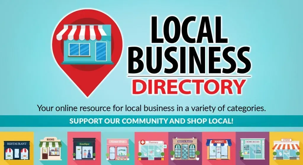Local Business Directory graphic with shop icons and call to 