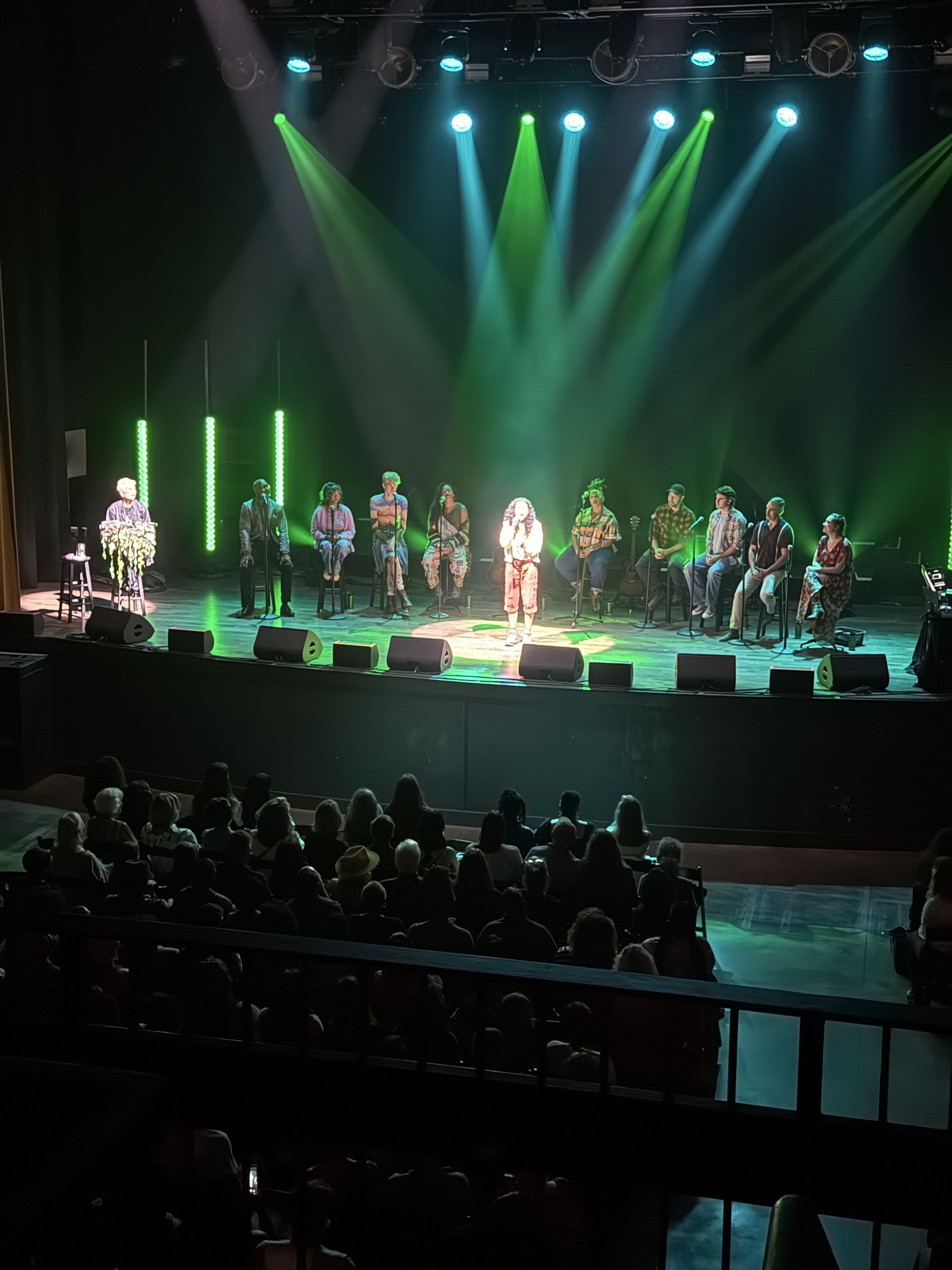 A band performs on stage under green lights, audience in the darkened theater.