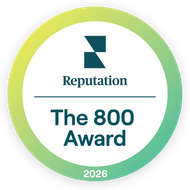 A circular Reputation 800 Award badge for 2026, featuring a teal logo, text, and a yellow-to-green gradient border.