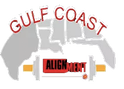 A logo for gulf coast aligntech with a map of the gulf coast in the background.