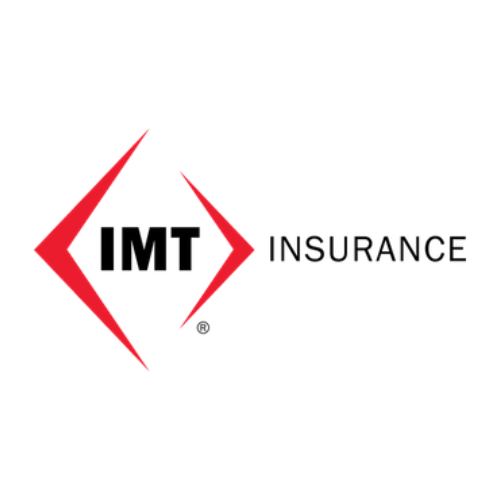 A red and white logo for imt insurance