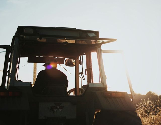 A man is driving a tractor in a field at sunset.