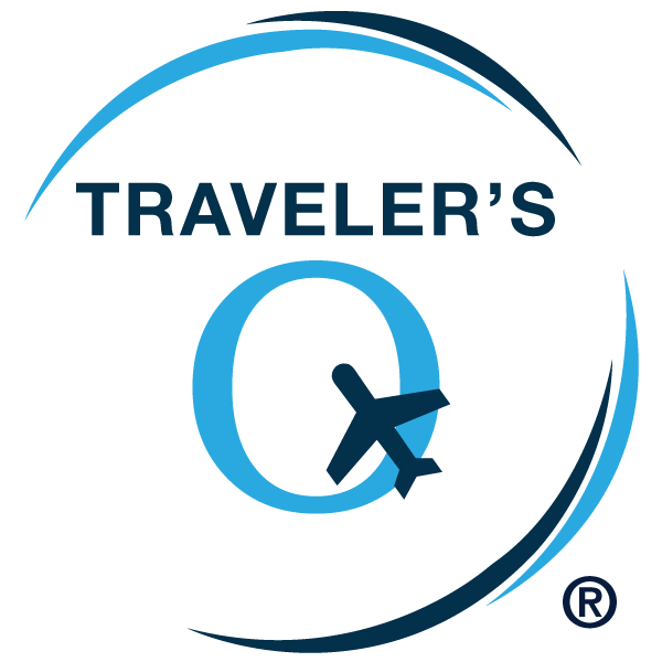 A logo for traveler 's q with an airplane in the middle