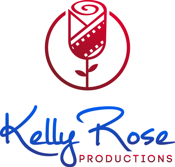 Kelly rose productions logo with a red rose in a circle