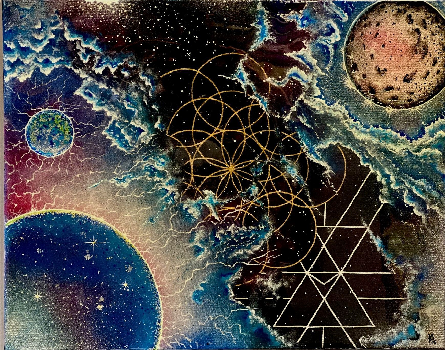 A painting of a galaxy with planets and stars