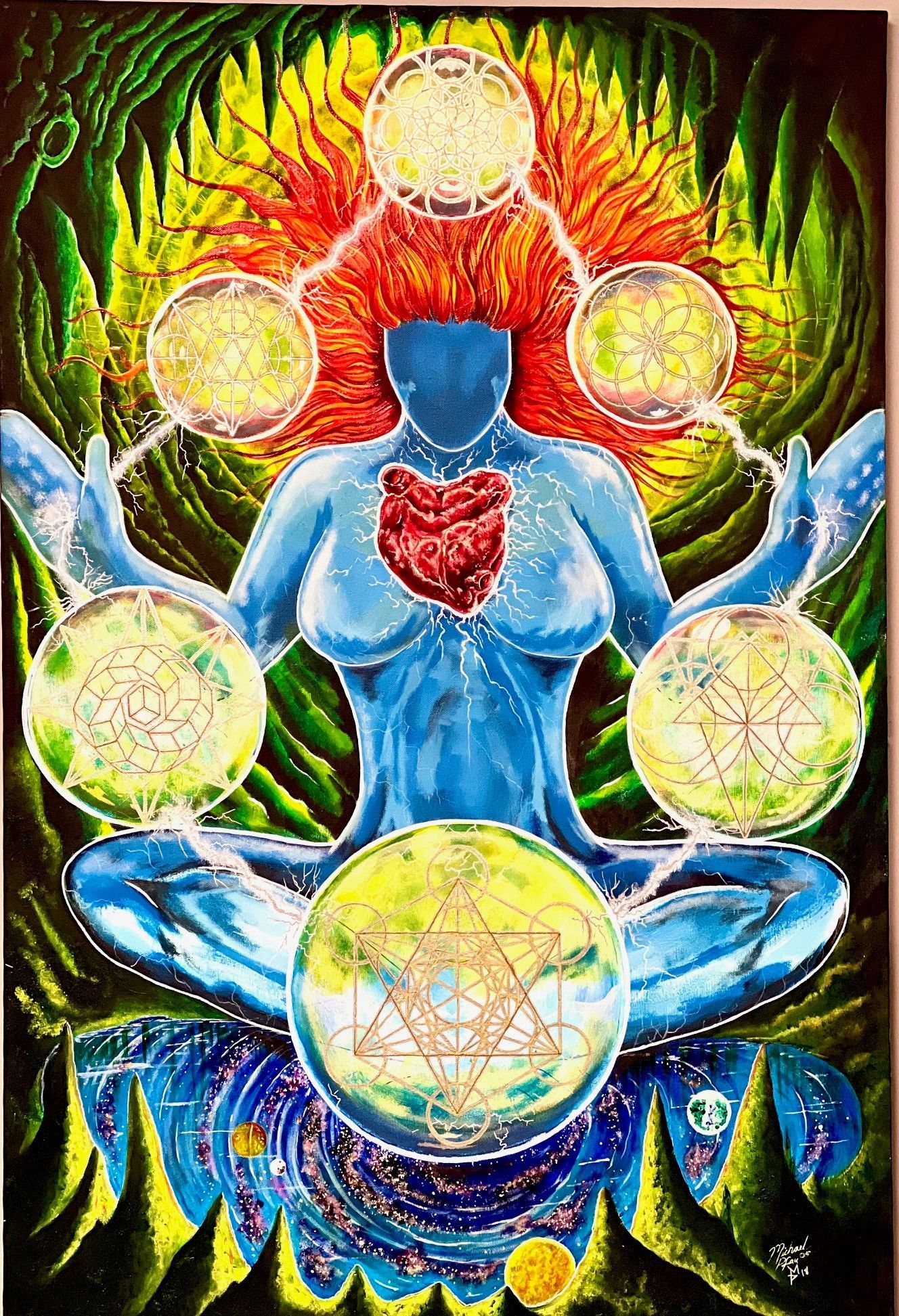 A colorful painting of a woman sitting in a lotus position surrounded by spheres.