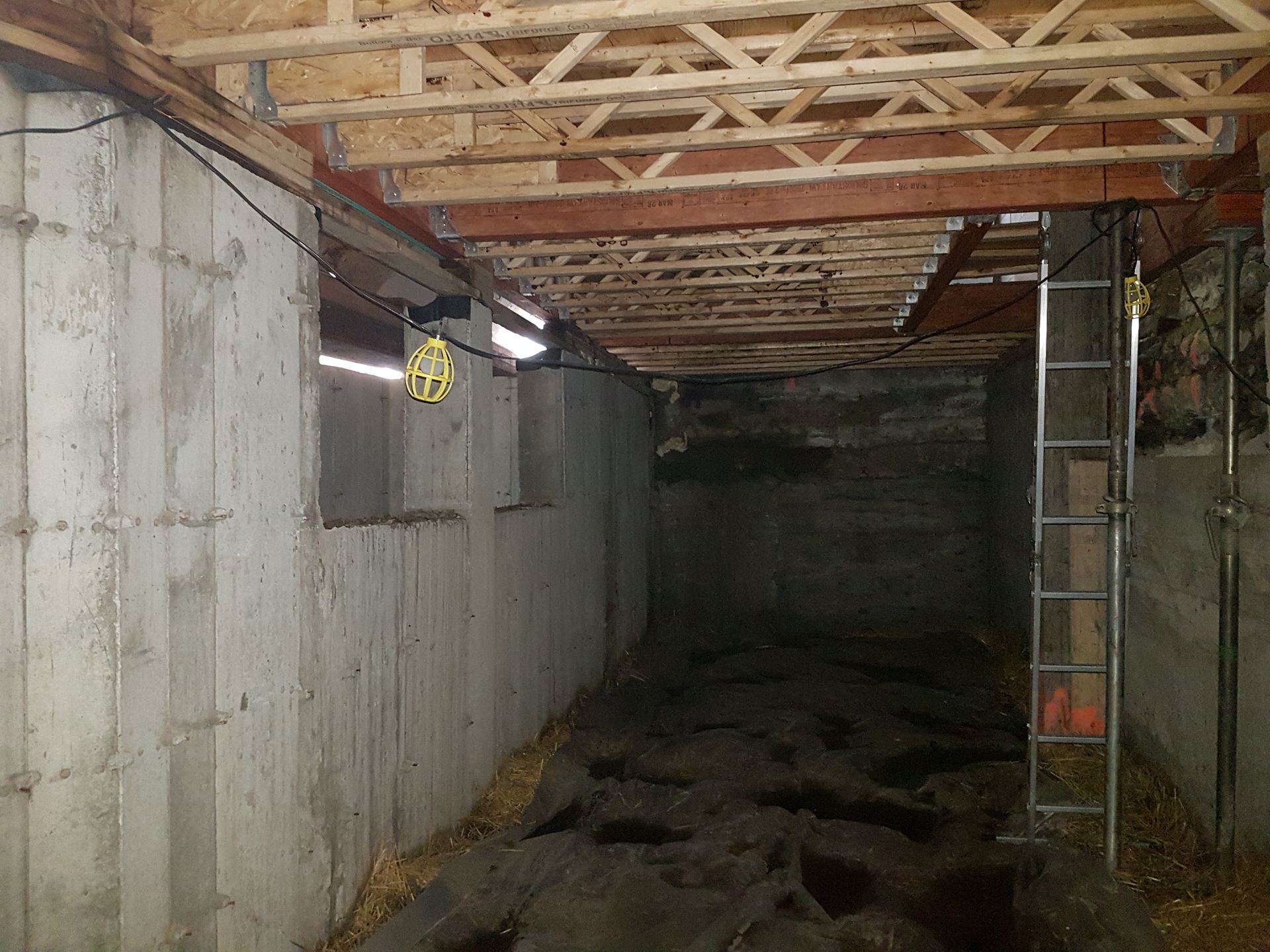 Une échelle est suspendue au plafond d'un sous-sol.