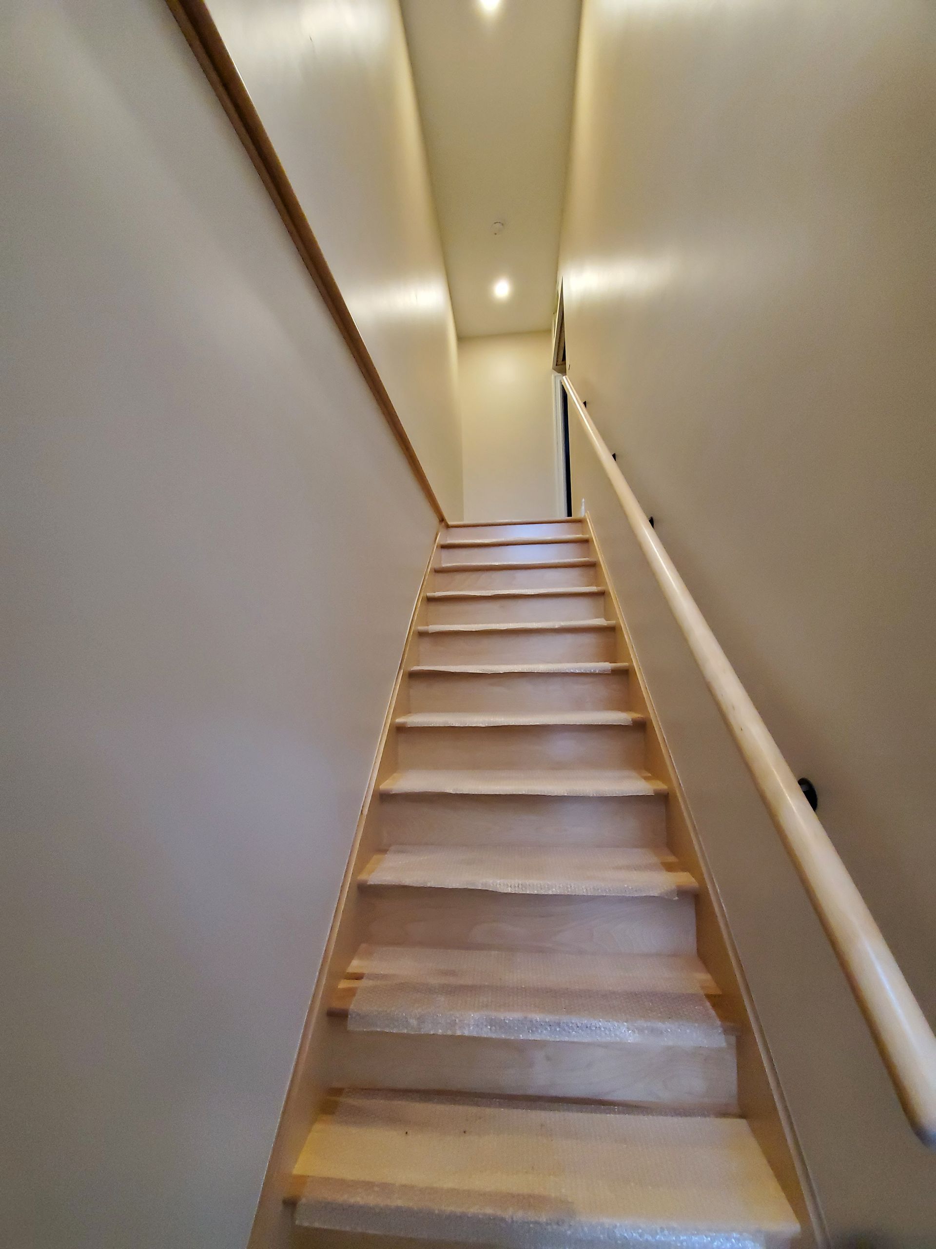 Un escalier en bois avec une rampe blanche