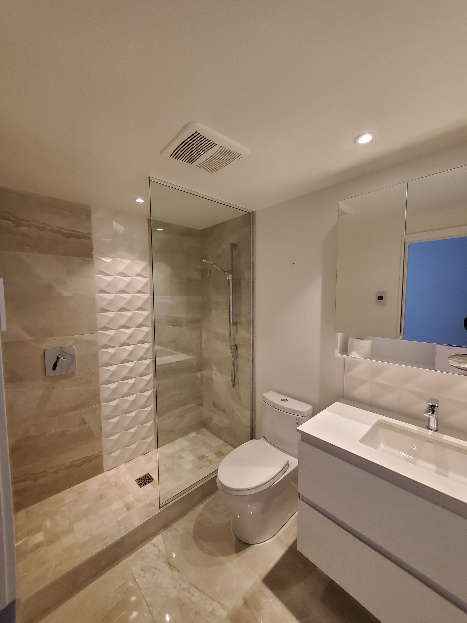 Une salle de bain avec WC , lavabo et douche.
