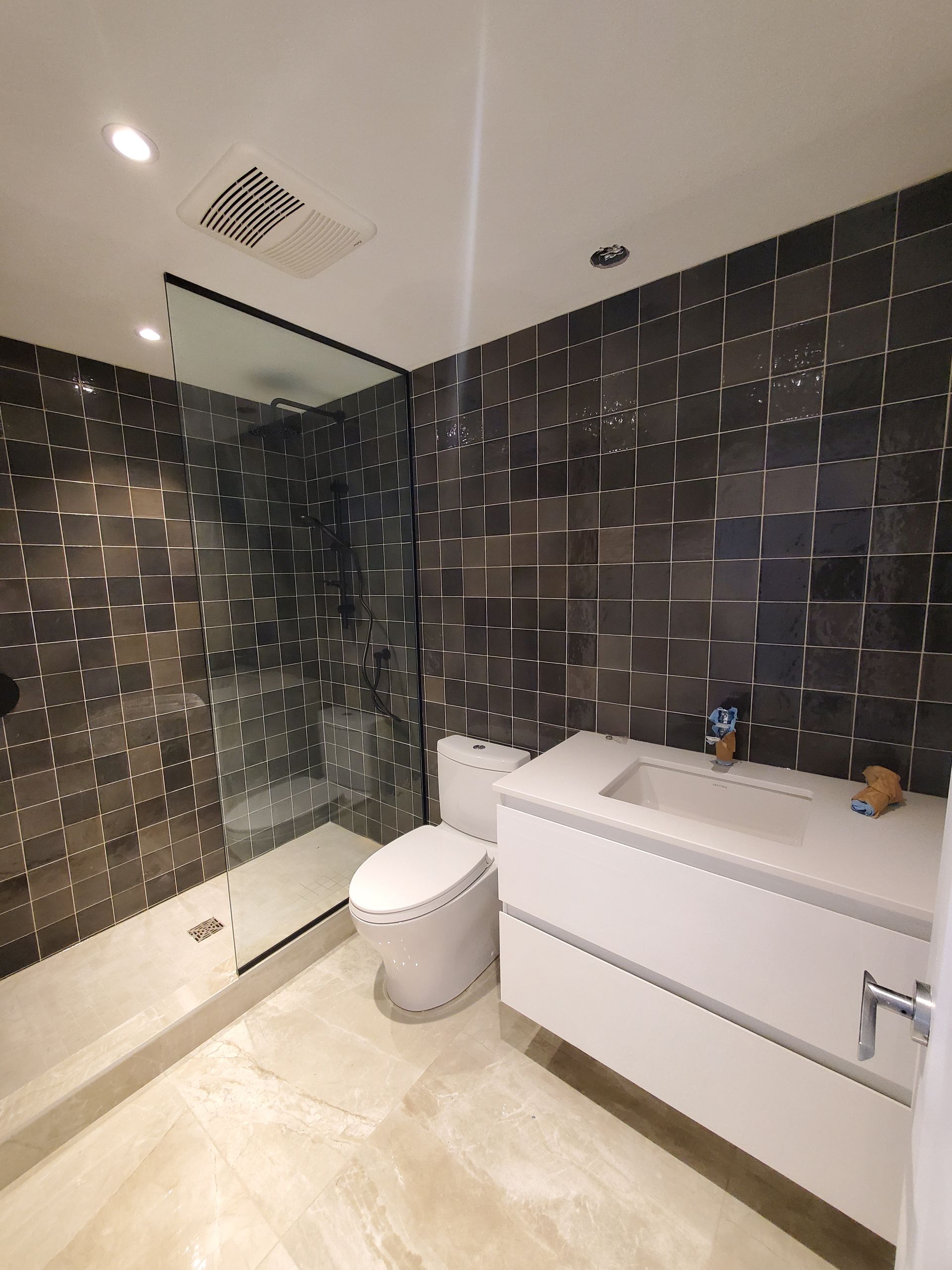 Une salle de bain avec WC , lavabo et douche.